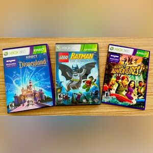 XBOX 360 DVD Games, Batman, Disney Adventure and (New/Sealed)Kinect Adventures.
